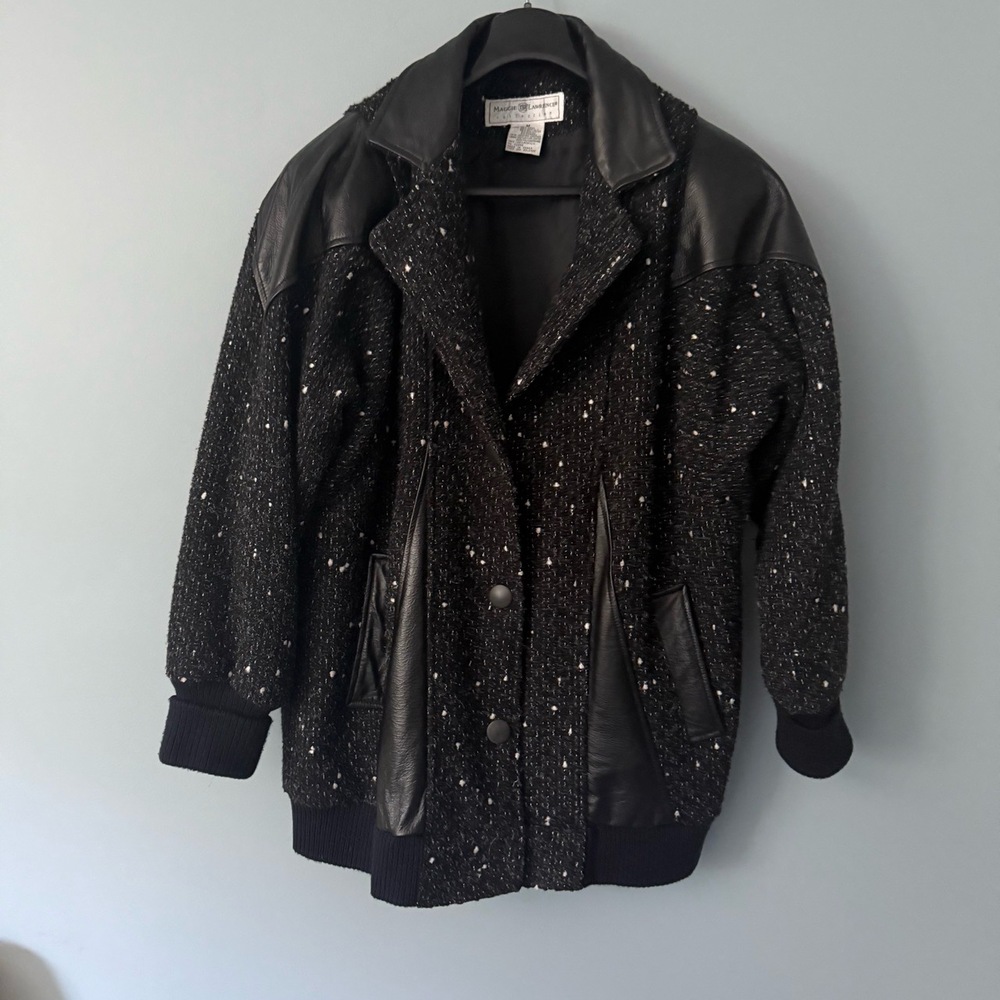 Vintage Maggie Lawrence Wool Blend & Leather Bomber Jacket – Black Tweed Medium
